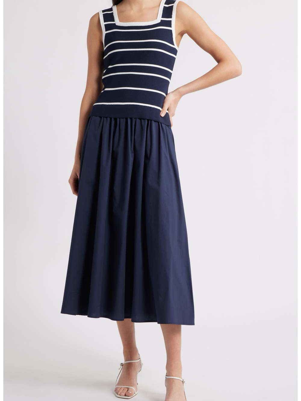 Zoe and Claire Mixed Media Sleeveless Midi Dress in Navy Blue and White - Picture 9 of 11